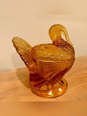 Vintage L.E. Smith Amber Glass Tom Turkey Covered Candy Dish